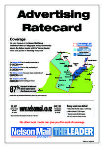 Advertising Ratecard Coverage We have 3 papers in the Nelson Mail Group The Nelson Mail our daily paper and our community papers the Nelson Leader and the Tasman Leader which both publish on Thursday every week