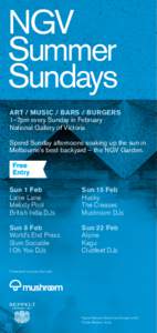 NGV Summer Sundays Art / Music / Bars / Burgers 1–7pm every Sunday in February National Gallery of Victoria 