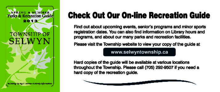 2014 Information Phone: ([removed]Toll Free: [removed]Recreation Guide Goes Green