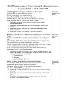 2014 MPA SUMMER LEADERSHIP RETREAT SCHEDULE / SPT. CONFERENCE SESSIONS Tuesday June 24, 2014: 1 – 2:15 PM and 2:45 to 4 PM Establishing Systems of Support in a Proficiency-Based System Jan Breton, MDOE, Director of Spe