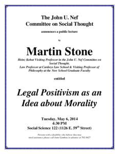 The John U. Nef Committee on Social Thought announces a public lecture by  Martin Stone
