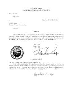 STATE OF OHIO STATE PERSONNEL BOARD OF REVIEW John L. hazer, Appellan!. Case No. 09-REM[removed]