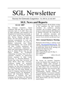 SGL Newsletter Society for Germanic Linguistics Vol. 19, No. 2, FallSGL News and Reports