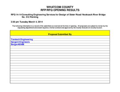 WHATCOM COUNTY RFP/RFQ OPENING RESULTS RFQ[removed]Consulting Engineering Services for Design of Slater Road/ Nooksack River Bridge No. 512 Painting 2:30 pm Tuesday March 4, 2014 The following information is a record of th