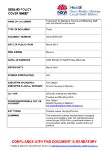 SESLHD POLICY COVER SHEET NAME OF DOCUMENT Framework for Managing Nursing and Midwifery Staff with Identified Practice Issues