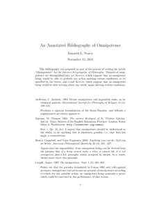 An Annotated Bibliography of Omnipotence Kenneth L. Pearce November 12, 2011 This bibliography was prepared as part of the process of writing the article “Omnipotence” for the Internet Encyclopedia of Philosophy. The