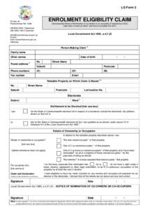LG Form 2  ENROLMENT ELIGIBILITY CLAIM PO Box 43 Ravensthorpe WA 6346
