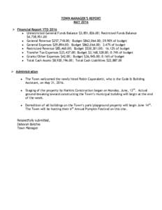 TOWN MANAGER’S REPORT MAY 2016  Financial Report YTD 2016  Unrestricted General Funds Balance $3,851,826.00; Restricted Funds Balance $4,738,951.00  General Revenue $257,718.00; Budget $862,064.00; 29.90% of b