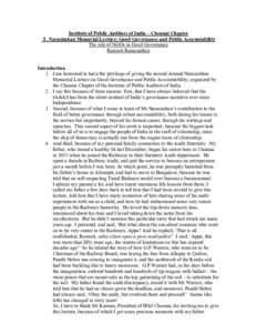 Institute of Public Auditors of India – Chennai Chapter T. Narasimhan Memorial Lecture: Good Governance and Public Accountability The role of NGOs in Good Governance Ramesh Ramanathan Introduction 1. I am honoured to h