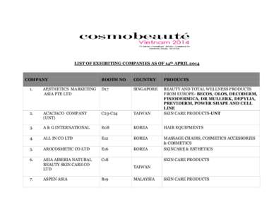 LIST OF EXHIBITING COMPANIES AS OF 14th APRIL[removed]COMPANY BOOTH NO