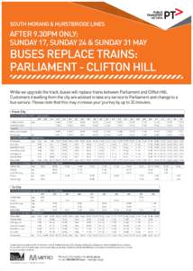 SOUTH MORANG & HURSTBRIDGE LINES  AFTER 9.30PM ONLY: SUNDAY 17, SUNDAY 24 & SUNDAY 31 MAY  BUSES REPLACE TRAINS: