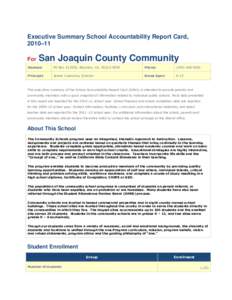 Executive Summary School Accountability Report Card, 2010–11 For San Joaquin County Community