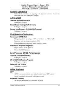 ,  Monthly Progress Report – January 2006 Gas Over Bitumen Technical Solution Industry & Government Collaboration