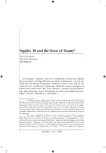 Sappho 16 and the Sense of Beauty1 David Konstan New York University   In this paper, I propose a new way of reading the contrast that Sappho