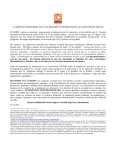 CLADEM SE SOLIDARIZA CON LAS MUJERES VIVIENDO BAJO LAS LEYES MUSULMANAS CLADEM 1 expresa su profunda preocupación e indignación por lo expresado en acto público por el Consejo Nacional de Transición de Libia (CNT), e