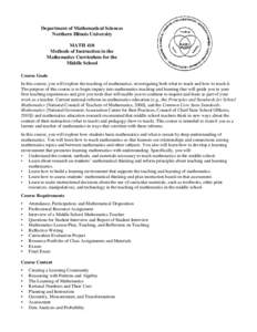 Department of Mathematical Sciences Northern Illinois University MATH 410 Methods of Instruction in the Mathematics Curriculum for the Middle School