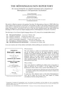 THE BÖNNINGHAUSEN REPERTORY the reasons behind the new English translation and re-formation of Bönninghausen’s Therapeutisches Taschenbuch* George Dimitriadis BSc(UNSW), DHom.(Syd), DHomMCCH(Eng), LiRF(HISyd)