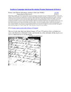 Southern Campaign American Revolution Pension Statements & Rosters Bounty Land Warrant information relating to John Lane VAS822 Transcribed by Will Graves vsl 1VA[removed]