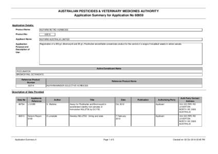 AUSTRALIAN PESTICIDES & VETERINARY MEDICINES AUTHORITY Application Summary for Application No[removed]Application Details: Product Name:  NUFARM RETRO HERBICIDE