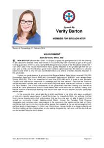Speech By  Verity Barton MEMBER FOR BROADWATER  Record of Proceedings, 11 February 2014