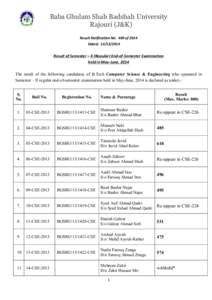 Baba Ghulam Shah Badshah University Rajouri (J&K) Result Notification No. 469 of 2014 Dated: [removed]Result of Semester – II (Regular) End-of-Semester Examination