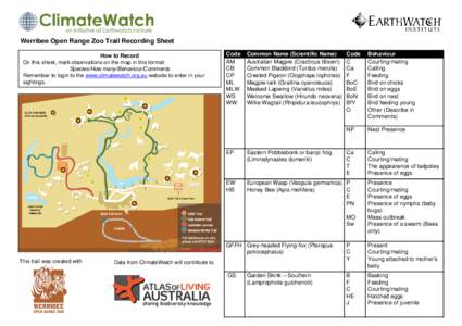 Werribee Open Range Zoo Trail Recording Sheet How to Record On this sheet, mark observations on the map in this format: Species/How many/Behaviour/Comments Remember to login to the www.climatewatch.org.au website to ente