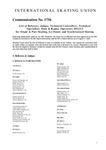 INTERNATIONAL SKATING UNION Communication No[removed]List of Referees, Judges, Technical Controllers, Technical