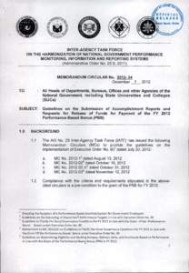 INTER-AGENCY TASK FORCE ON THE HARMONIZATION OF NATIONAL GOVERNMENT PERFORMANCE MONITORING, INFORMATION AND REPORTING SYSTEMS (Administrative Order No. 25 SMEMORANDUM CIRCULAR No