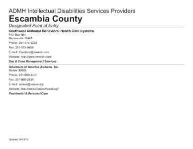 ADMH Intellectual Disabilities Services Providers  Escambia County Designated Point of Entry  Southwest Alabama Behavioral Health Care Systems