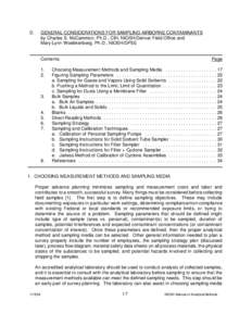 D.  GENERAL CONSIDERATIONS FOR SAMPLING AIRBORNE CONTAMINANTS by Charles S. McCammon, Ph.D., CIH, NIOSH/Denver Field Office and Mary Lynn Woebkenberg, Ph.D., NIOSH/DPSE