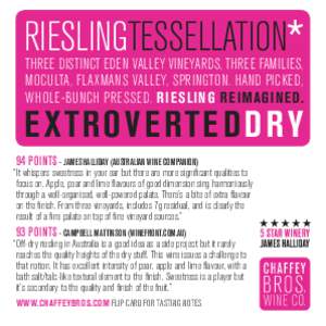 RIESLINGTESSELLATION  THREE DISTINCT EDEN VALLEY VINEYARDS, THREE FAMILIES, MOCULTA, FLAXMANS VALLEY, SPRINGTON. HAND PICKED, WHOLE-BUNCH PRESSED. RIESLING REIMAGINED.