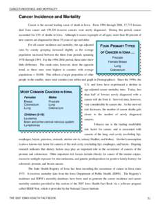 CANCER INCIDENCE AND MORTALITY  Cancer Incidence and Mortality Cancer is the second leading cause of death in Iowa. From 1996 through 2004, 57,735 Iowans died from cancer and 139,326 invasive cancers were newly diagnosed