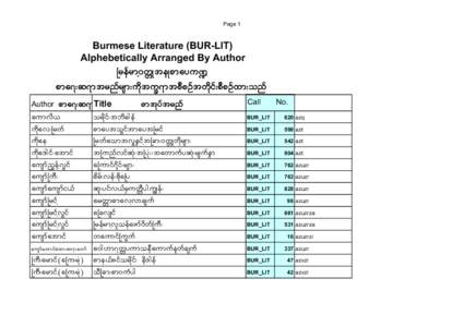Page 1  Burmese Literature (BUR-LIT) Alphebetically Arranged By Author  jrefrmH0wWKteKpmayu\@