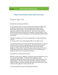 Pinewood Elementary School Annual Education Report (AER) Cover Letter  Date posted: August 15, 2014