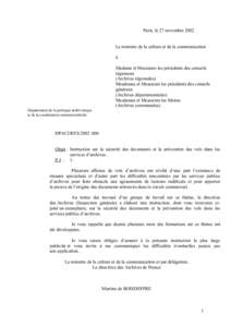 Paris, le 27 novembre 2002 Le ministre de la culture et de la communication à Madame et Messieurs les présidents des conseils régionaux (Archives régionales)