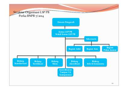 Struktur	
  Organisasi	
  LSP	
  PB	
   Perka	
  BNPB	
  7/2014	
  	
   Dewan	
  Pengarah	
   Ketua	
  LSP	
  PB	
   Wakil	
  Ketua	
  LSP	
  PB	
  