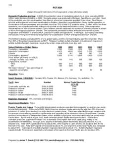 126  POTASH (Data in thousand metric tons of K2O equivalent, unless otherwise noted) Domestic Production and Use: In 2003, the production value of marketable potash, f.o.b. mine, was about $260 million; sales decreased r