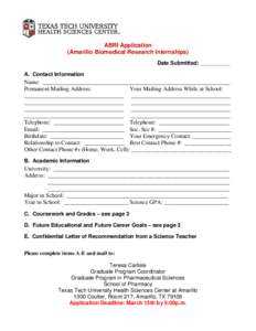 ABRI Application                                               (Amarillo Biomedical Research Internships)