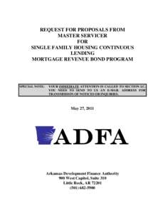 REQUEST FOR PROPOSALS FROM MASTER SERVICER FOR SINGLE FAMILY HOUSING CONTINUOUS LENDING MORTGAGE REVENUE BOND PROGRAM