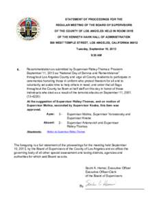 STATEMENT OF PROCEEDINGS FOR THE REGULAR MEETING OF THE BOARD OF SUPERVISORS OF THE COUNTY OF LOS ANGELES HELD IN ROOM 381B OF THE KENNETH HAHN HALL OF ADMINISTRATION 500 WEST TEMPLE STREET, LOS ANGELES, CALIFORNIA 90012