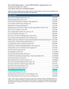 Ferry Boat Discretionary – Fiscal 2009 Omnibus Appropriations Act Congressional Record - House Ferry Boats and Ferry Terminal Facilities Within the funds available for ferry boats and ferry terminal facilities, funds a