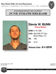 Information Bulletin  June Inmate Release Stevie W. BUNN Felony Battery