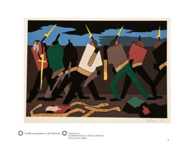 1  Jacob Lawrence (1917–2000), John Brown held Harpers Ferry for 12 hours. (No. 20 from the series The Legend of John Brown), 1977 (original painting dated 1944), screen print, 20 x 25 in., National Museum of African 