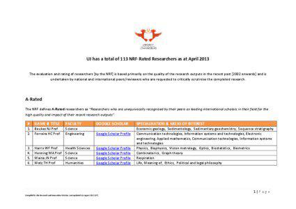 UJ has a total of 113 NRF-Rated Researchers as at April 2013 The evaluation and rating of researchers [by the NRF] is based primarily on the quality of the research outputs in the recent past[removed]onwards] and is undertaken by national and international peers/reviewers who are requested to critically scrutinise the completed research.