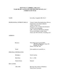 KEVIN RAY CAMPBELL, MD, FACC WAKE HEART ASSOCIATES/WHV/REX PHYSICIANS, LLC CURRICULUM VITAE NAME: