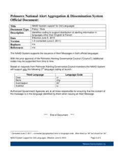 Pelmorex National Alert Aggregation & Dissemination System Official Document: Title Document Type Description Date