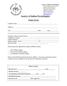 Society of Indian Psychologists Patricia Alexander, SIP Treasurer Oklahoma State University Department of Psychology Stillwater, OK7591 (Office)
