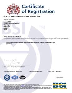 QUALITY MANAGEMENT SYSTEM - ISO 9001:2008 This is to certify that: Lenco-PMC[removed]Deer Park Road Waverly