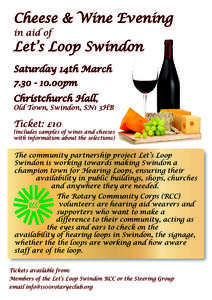 Cheese & Wine Evening in aid of Let’s Loop Swindon Saturday 14th March00pm