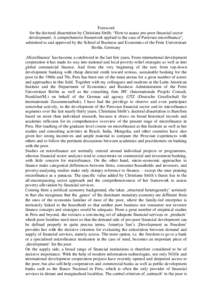 Foreword for the doctoral dissertation by Christiane Ströh: “How to assess pro-poor financial sector development: A comprehensive framework applied to the case of Peruvian microfinance”, submitted to and approved by